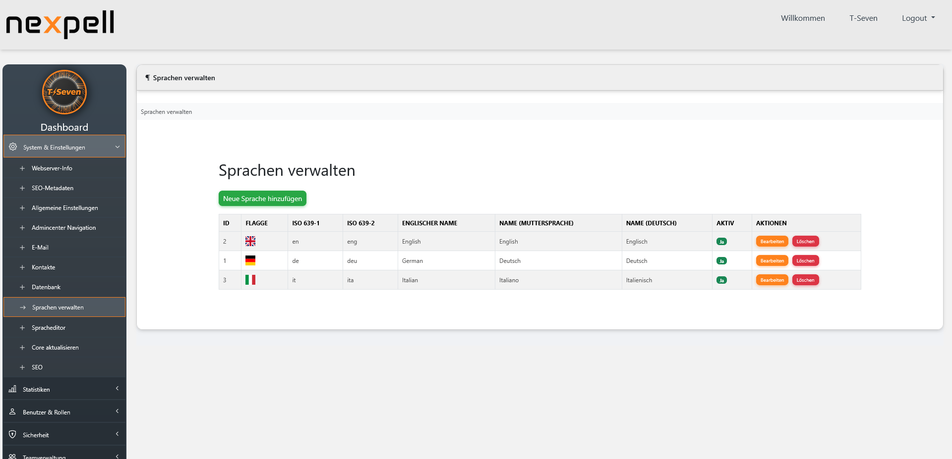 Sprachen verwalten