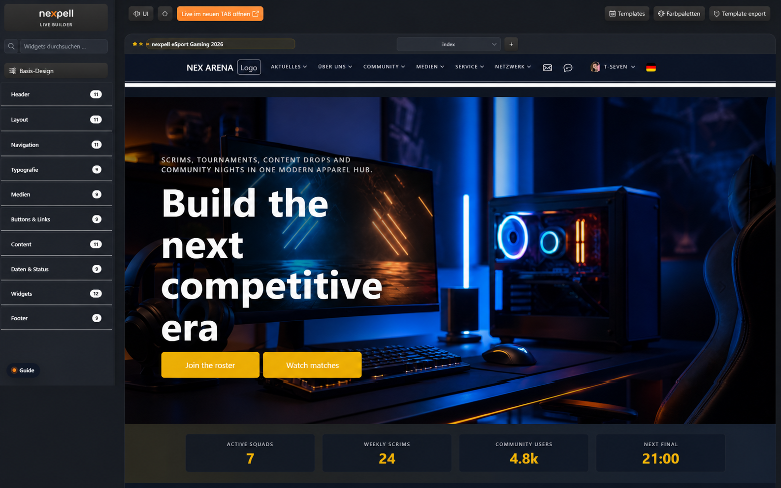 NEX Arena Template im visuellen Nexpell Live-Builder