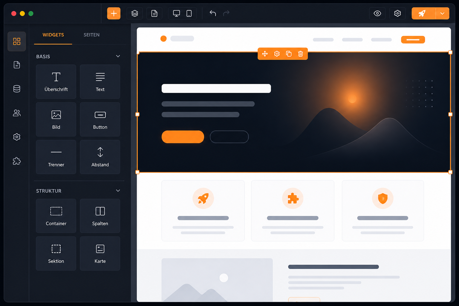 Nexpell Live-Builder mit Widgets und bearbeiteter Startseite