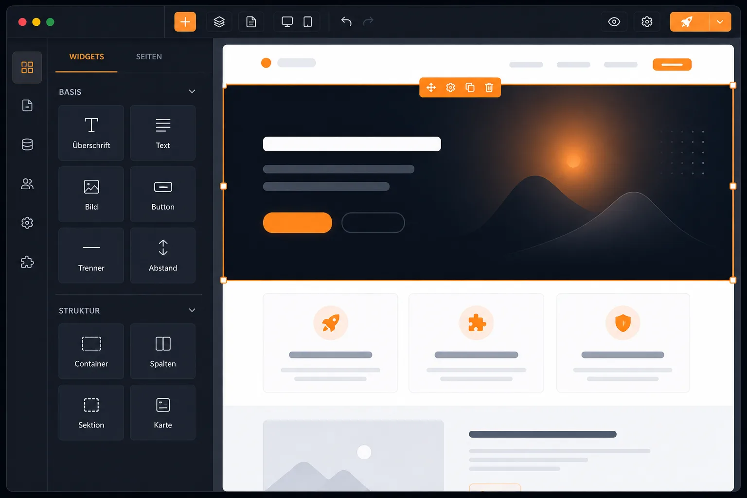 Nexpell Live-Builder mit Widgets und bearbeiteter Startseite