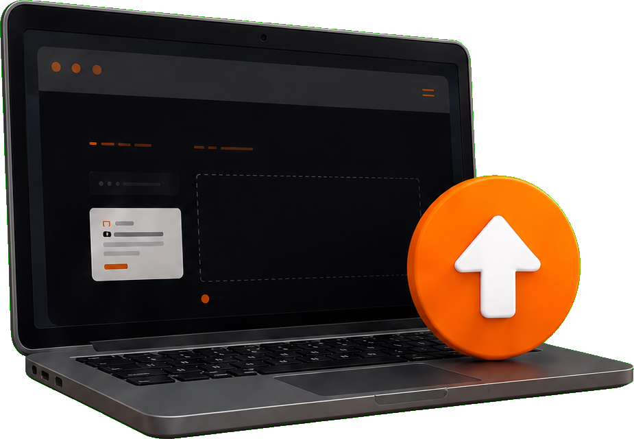 Laptop mit Upload-Symbol für das Nexpell Reference-Plugin